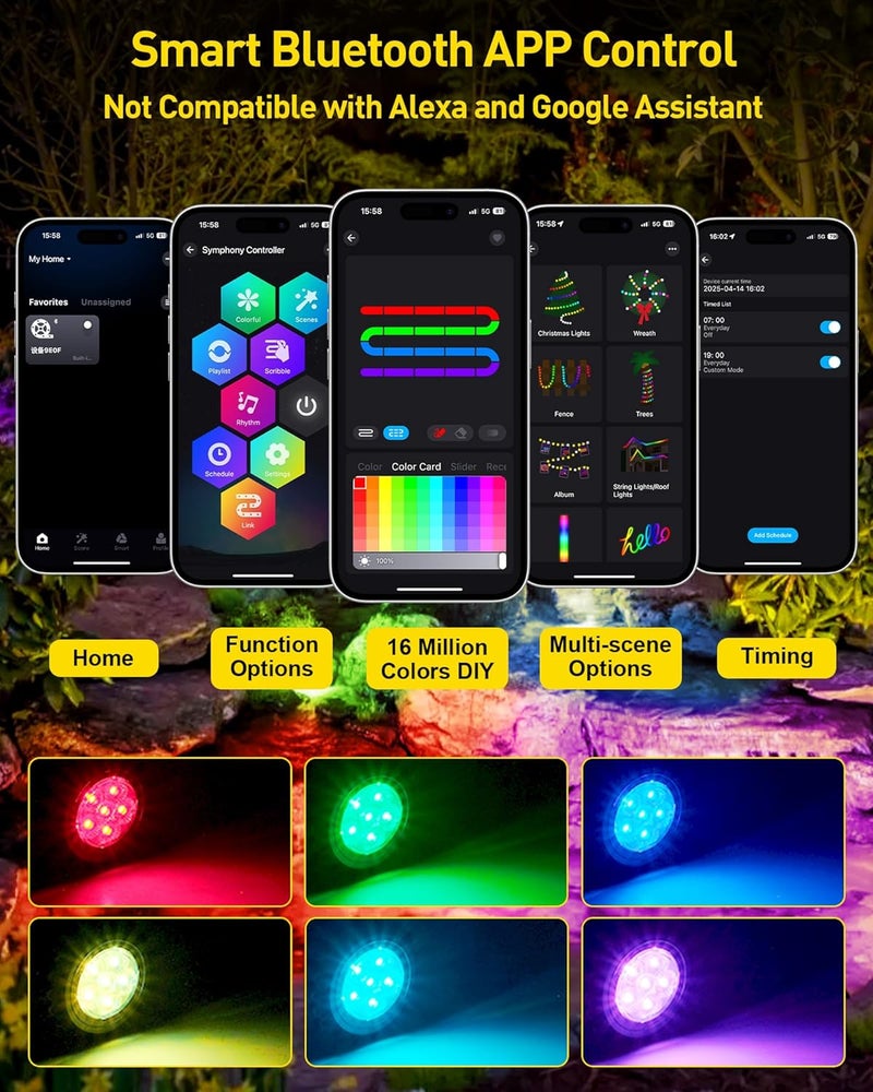 T-SUN Underwater LED Pond Lights – IP68 Waterproof Submersible Fountain Lights with Bluetooth App & Remote, 16 Million Colors Underwater Lighting for Koi Ponds/Garden Water Features Aquarium (10-Pack) - Image 3